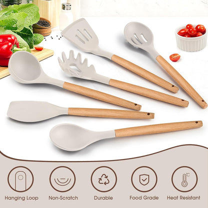 Cooking Utensils Set of 6, Silicone Kitchen Utensils with Wooden Handle, Non-stick Cookware Friendly & Heat Resistant, Includes Spatula/Ladle/Slotted Turner/Serving Spoon/Spaghetti Server(Khaki)