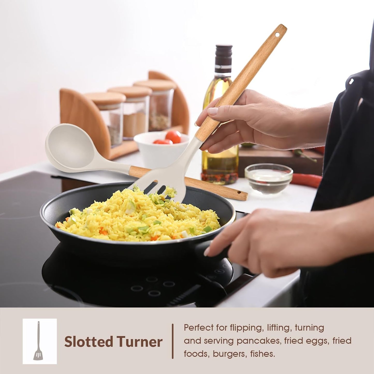 Cooking Utensils Set of 6, Silicone Kitchen Utensils with Wooden Handle, Non-stick Cookware Friendly & Heat Resistant, Includes Spatula/Ladle/Slotted Turner/Serving Spoon/Spaghetti Server(Khaki)