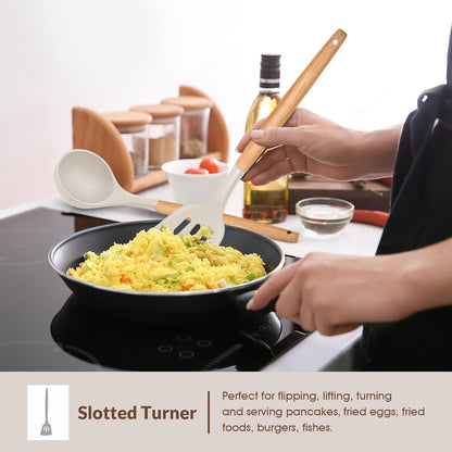 Cooking Utensils Set of 6, Silicone Kitchen Utensils with Wooden Handle, Non-stick Cookware Friendly & Heat Resistant, Includes Spatula/Ladle/Slotted Turner/Serving Spoon/Spaghetti Server(Khaki)