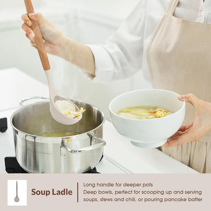 Cooking Utensils Set of 6, Silicone Kitchen Utensils with Wooden Handle, Non-stick Cookware Friendly & Heat Resistant, Includes Spatula/Ladle/Slotted Turner/Serving Spoon/Spaghetti Server(Khaki)