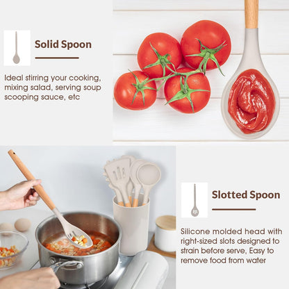 Cooking Utensils Set of 6, Silicone Kitchen Utensils with Wooden Handle, Non-stick Cookware Friendly & Heat Resistant, Includes Spatula/Ladle/Slotted Turner/Serving Spoon/Spaghetti Server(Khaki)