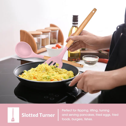 Cooking Utensils Set of 6, Silicone Kitchen Utensils with Wooden Handle, Non-stick Cookware Friendly & Heat Resistant, Includes Spatula/Ladle/Slotted Turner/Serving Spoon/Spaghetti Server(Khaki)