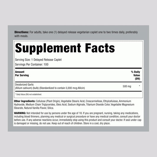 Garlic Supplement Pills | 500mg | 100 Caplets | Odorless with High Allicin (5000mcg) | Allium Sativum Extract | Non-GMO, Gluten Free