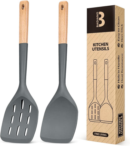 Pack of 2 Silicone Spatula, Non Stick Cooking Utensil Set Wooden Handle Kitchen Turner for Baking Mixing Grilling Serving Food Heat Resistant Non Scratch Hooks Included (Khaki)