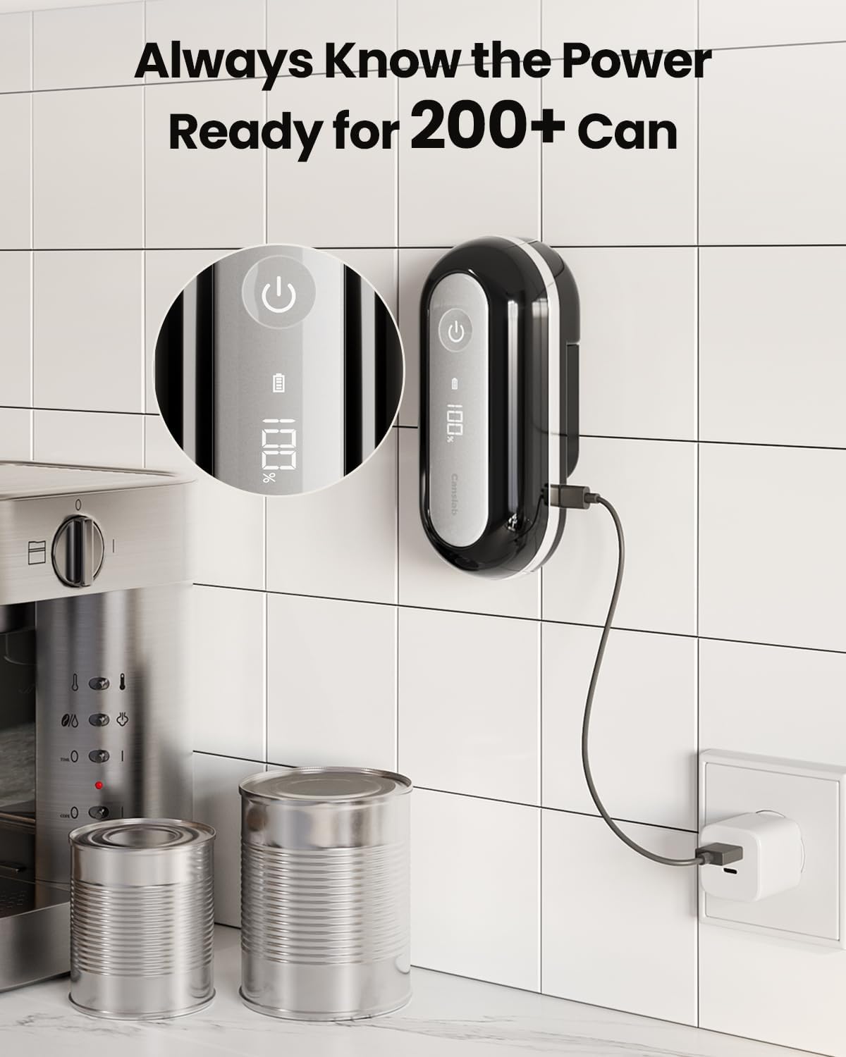 RETRO Electric Can Opener, Auto-Stop One-Touch Operation, USB Rechargeable with LED Battery Track, Side Cut Smooth Edge Can Opener for Seniors with Arthritis, Wall-Mountable Small Size, Black