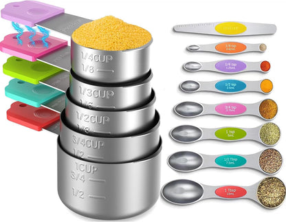 Stainless Steel Magnetic Measuring Cups and Spoons Set, 5 Nesting Magnetic Measuring Cup, 7 Magnetic Measuring Spoons, 1 Leveler for Liquid & Dry