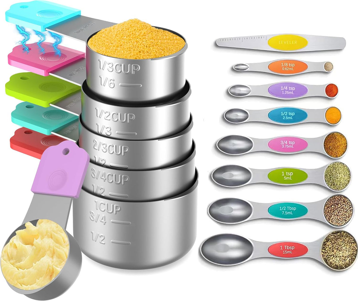 Stainless Steel Magnetic Measuring Cups and Spoons Set, 5 Nesting Magnetic Measuring Cup, 7 Magnetic Measuring Spoons, 1 Leveler for Liquid & Dry