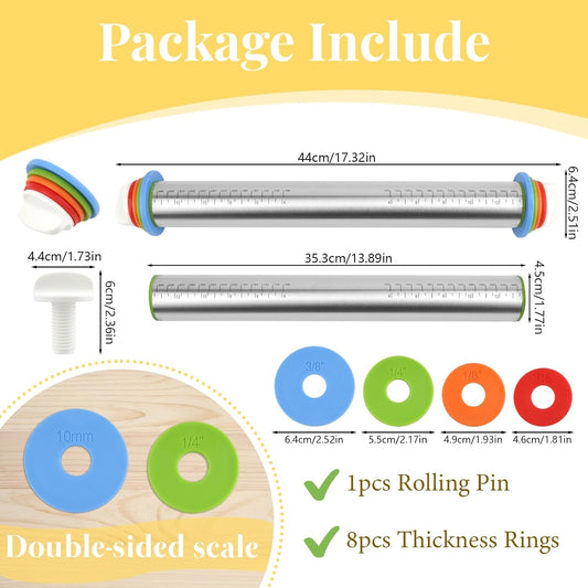 Adjustable Rolling Pin with 4 Thickness Rings for Baking, Cake Pop Roller | 17 Inch, Stainless Steel, with Measurement Markings, for Pizza/ Fondant/ Pie/ Cookies/ Baking Supplies / Pastry/ Pasta