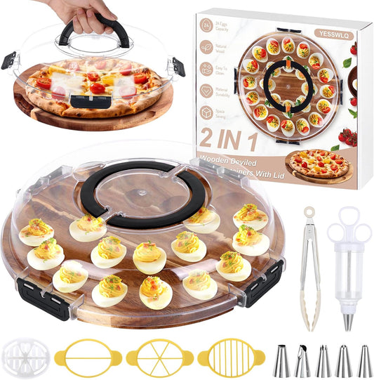 2026 Upgraded Wood Deviled Egg Platter with Lid Easter Gifts 24 Holes Round Deviled Egg Charcuterie Board Tray Holder Carrier with Egg Slicer Kitchen Tongs Piping Decorating Kit for Party Easter