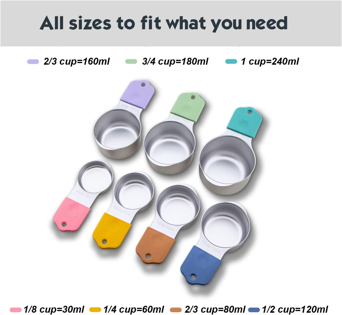 Magnetic Measuring Cups Set, 7 Pieces 18/8 Stainless Steel Stackable Nesting Heavy Duty Measuring Cups, kitchen Tools, Perfect for Dry and Liquid Ingredients, Dishwasher Safe (Muticolour, 7 set)