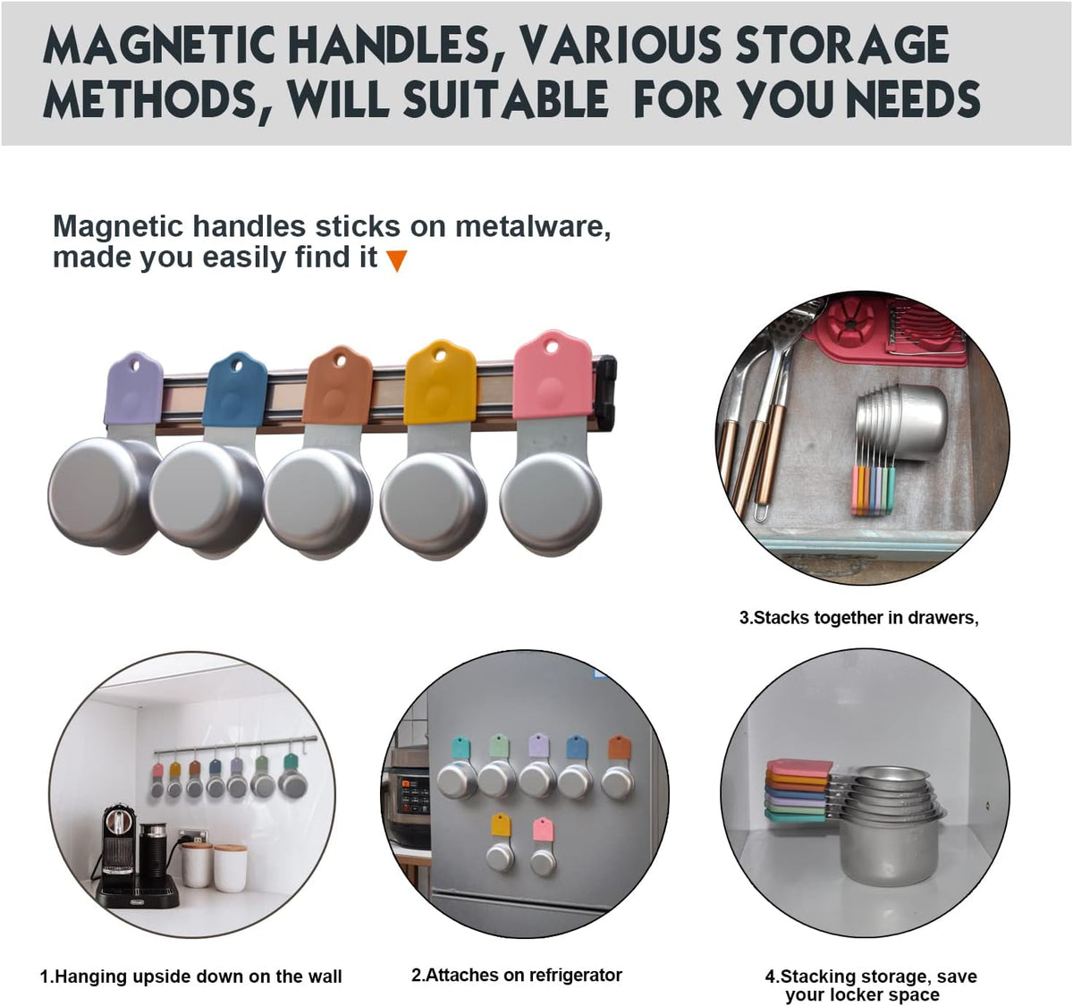 Magnetic Measuring Cups Set, 7 Pieces 18/8 Stainless Steel Stackable Nesting Heavy Duty Measuring Cups, kitchen Tools, Perfect for Dry and Liquid Ingredients, Dishwasher Safe (Muticolour, 7 set)