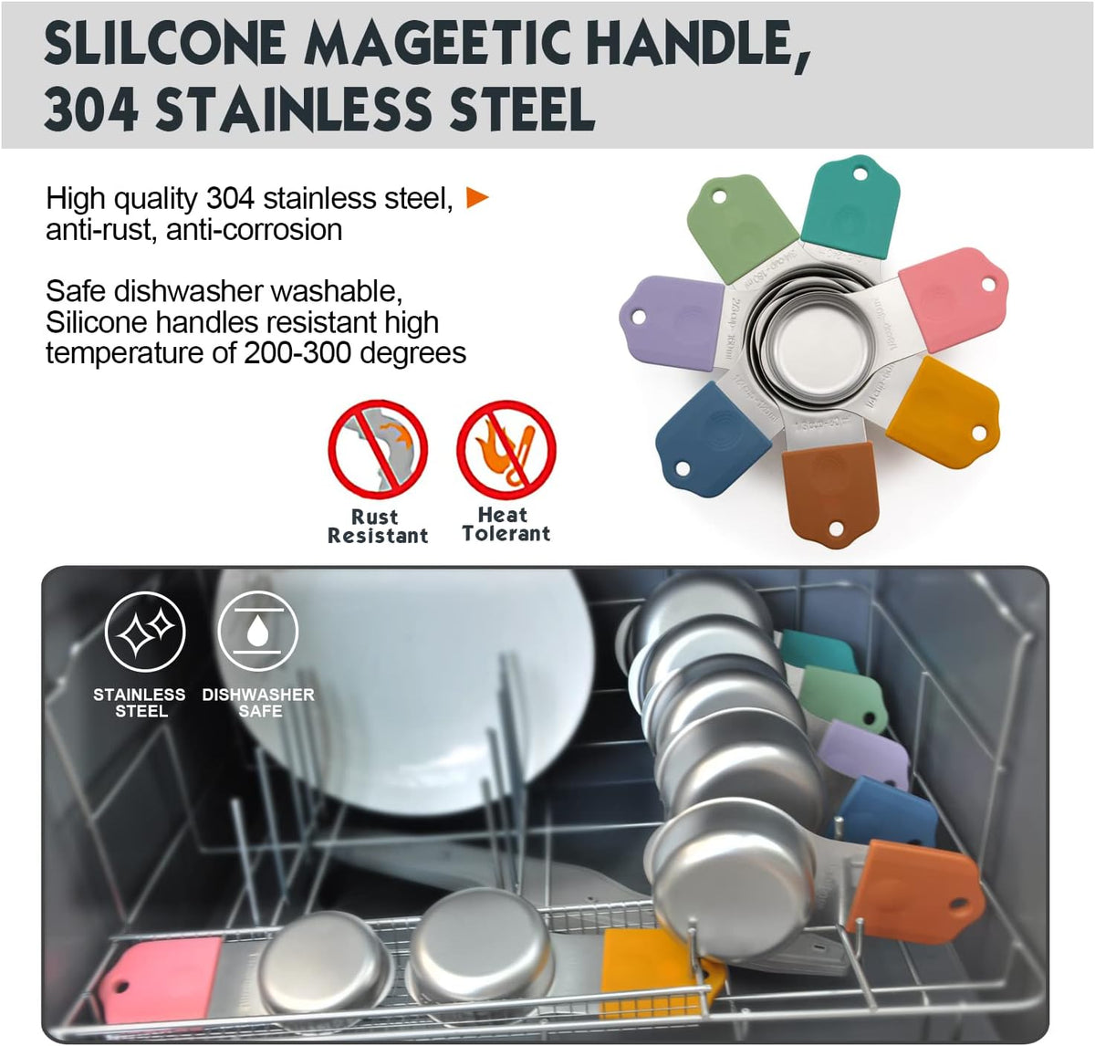 Magnetic Measuring Cups Set, 7 Pieces 18/8 Stainless Steel Stackable Nesting Heavy Duty Measuring Cups, kitchen Tools, Perfect for Dry and Liquid Ingredients, Dishwasher Safe (Muticolour, 7 set)