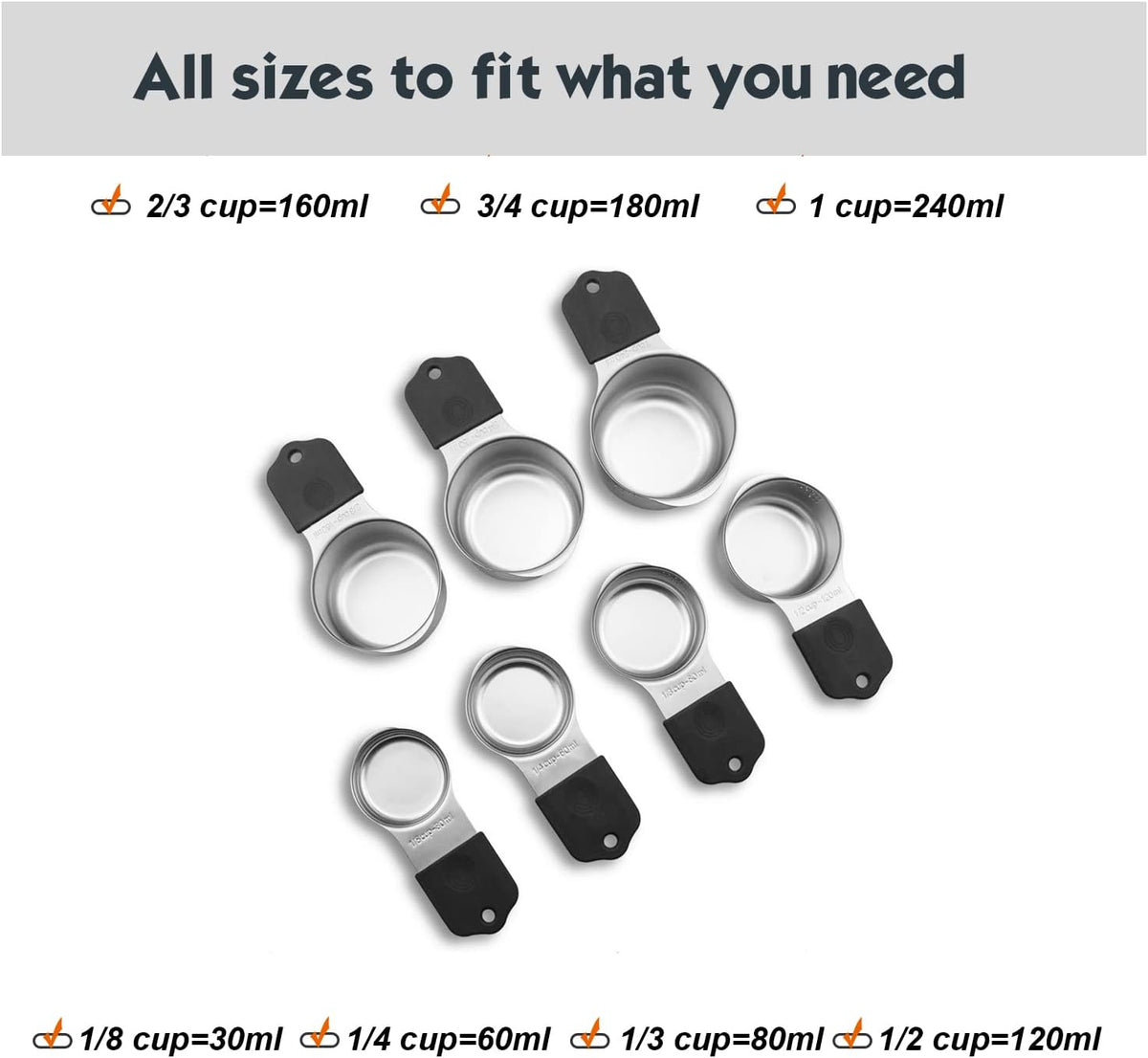 Magnetic Measuring Cups Set, 7 Pieces 18/8 Stainless Steel Stackable Nesting Heavy Duty Measuring Cups, kitchen Tools, Perfect for Dry and Liquid Ingredients, Dishwasher Safe (Muticolour, 7 set)