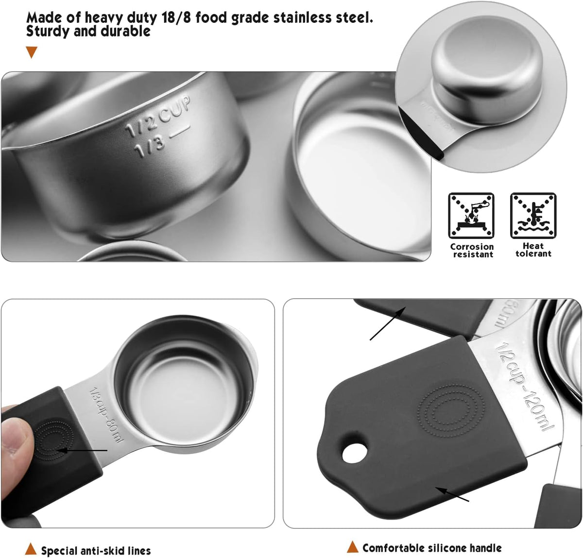 Magnetic Measuring Cups Set, 7 Pieces 18/8 Stainless Steel Stackable Nesting Heavy Duty Measuring Cups, kitchen Tools, Perfect for Dry and Liquid Ingredients, Dishwasher Safe (Muticolour, 7 set)