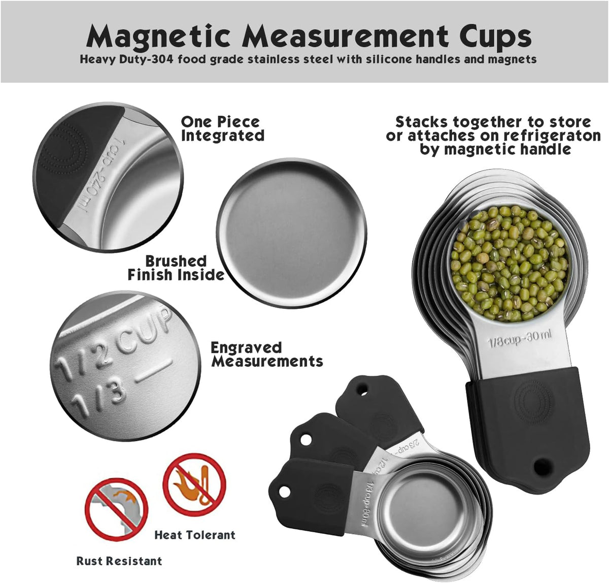 Magnetic Measuring Cups Set, 7 Pieces 18/8 Stainless Steel Stackable Nesting Heavy Duty Measuring Cups, kitchen Tools, Perfect for Dry and Liquid Ingredients, Dishwasher Safe (Muticolour, 7 set)