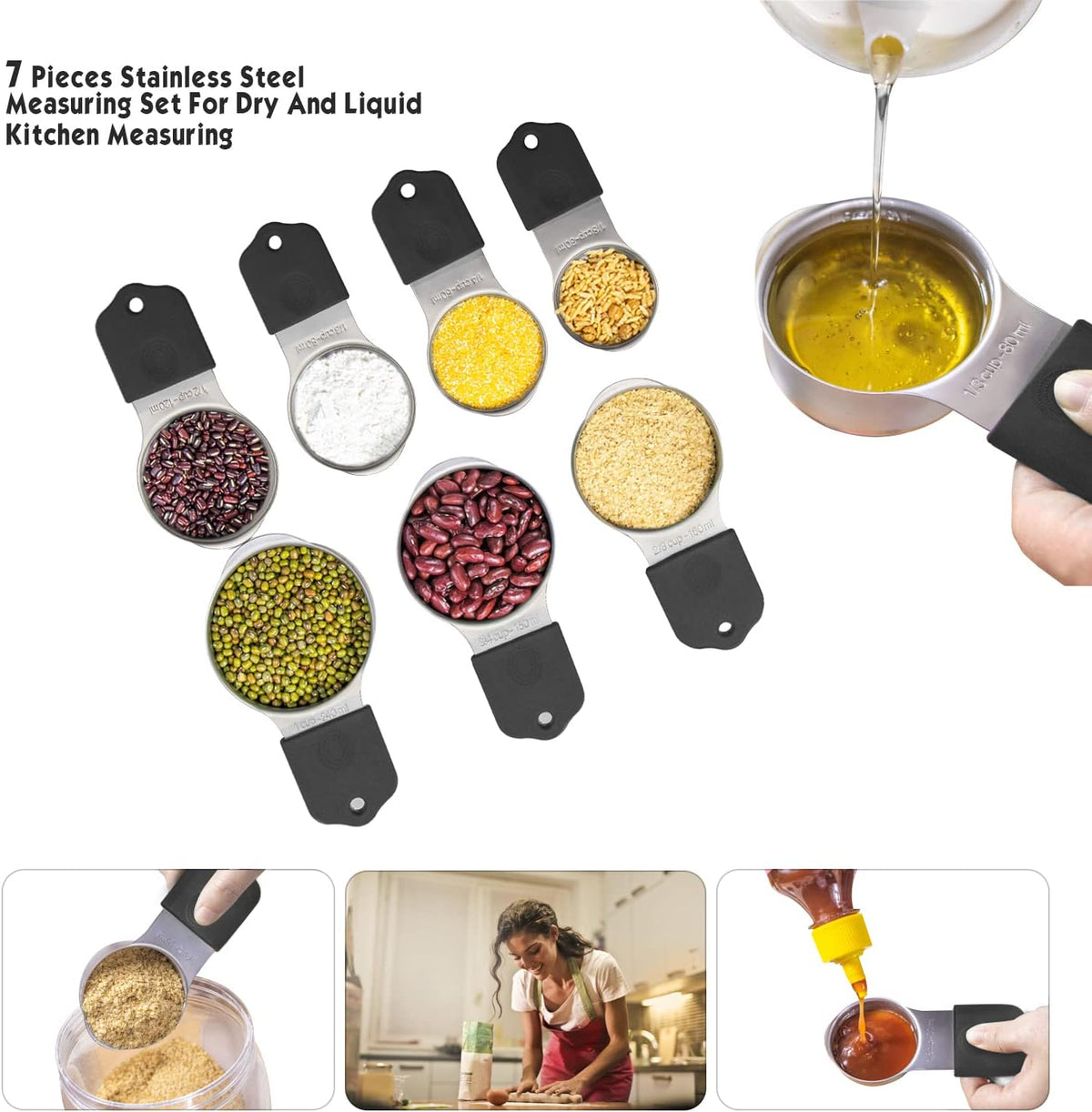 Magnetic Measuring Cups Set, 7 Pieces 18/8 Stainless Steel Stackable Nesting Heavy Duty Measuring Cups, kitchen Tools, Perfect for Dry and Liquid Ingredients, Dishwasher Safe (Muticolour, 7 set)
