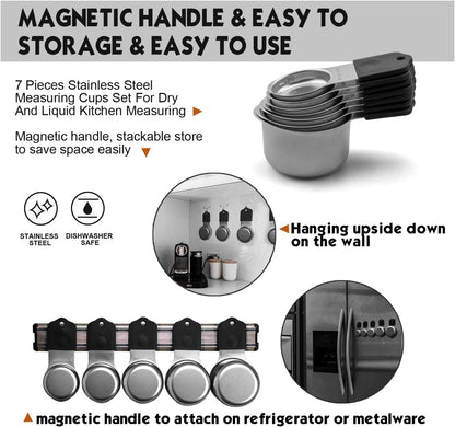 Magnetic Measuring Cups Set, 7 Pieces 18/8 Stainless Steel Stackable Nesting Heavy Duty Measuring Cups, kitchen Tools, Perfect for Dry and Liquid Ingredients, Dishwasher Safe (Muticolour, 7 set)