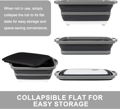 Collapsible Cutting Board with Container, Foldable Camping Sink with Colander, BBQ Prep Tub with Lid, Multifunction Dish Basin for Kitchen, Bowl, Vegetable and Fruit, 2.11 Gal/8L Storage Basket