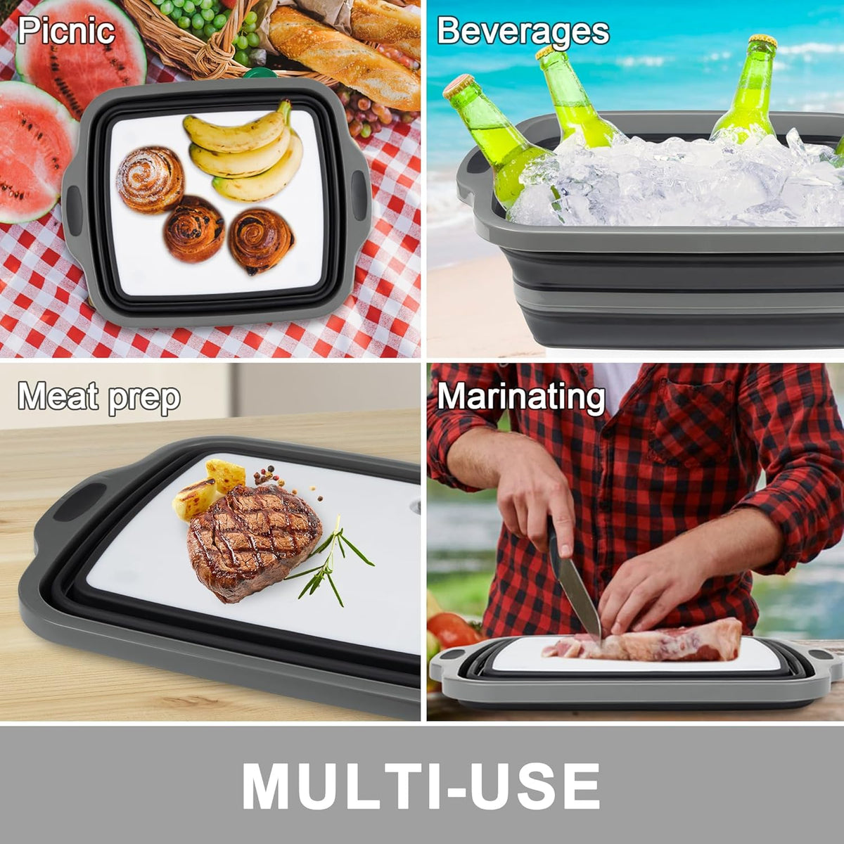 Collapsible Cutting Board with Container, Foldable Camping Sink with Colander, BBQ Prep Tub with Lid, Multifunction Dish Basin for Kitchen, Bowl, Vegetable and Fruit, 2.11 Gal/8L Storage Basket