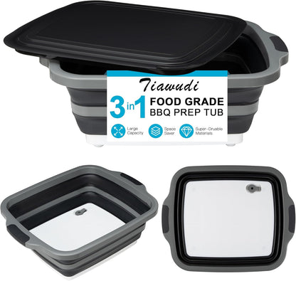 Collapsible Cutting Board with Container, Foldable Camping Sink with Colander, BBQ Prep Tub with Lid, Multifunction Dish Basin for Kitchen, Bowl, Vegetable and Fruit, 2.11 Gal/8L Storage Basket