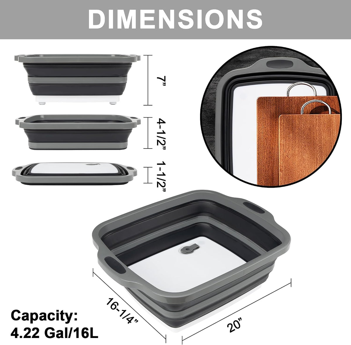 Collapsible Cutting Board with Container, Foldable Camping Sink with Colander, BBQ Prep Tub with Lid, Multifunction Dish Basin for Kitchen, Bowl, Vegetable and Fruit, 2.11 Gal/8L Storage Basket