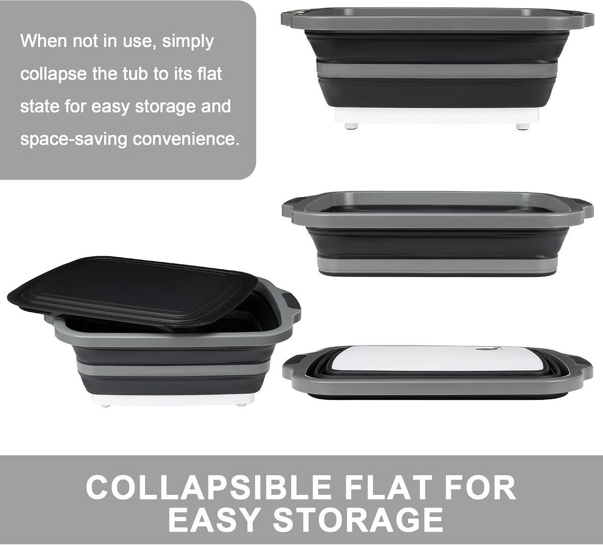 Collapsible Cutting Board with Container, Foldable Camping Sink with Colander, BBQ Prep Tub with Lid, Multifunction Dish Basin for Kitchen, Bowl, Vegetable and Fruit, 2.11 Gal/8L Storage Basket