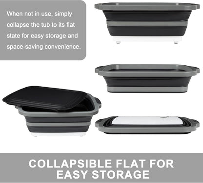 Collapsible Cutting Board with Container, Foldable Camping Sink with Colander, BBQ Prep Tub with Lid, Multifunction Dish Basin for Kitchen, Bowl, Vegetable and Fruit, 2.11 Gal/8L Storage Basket