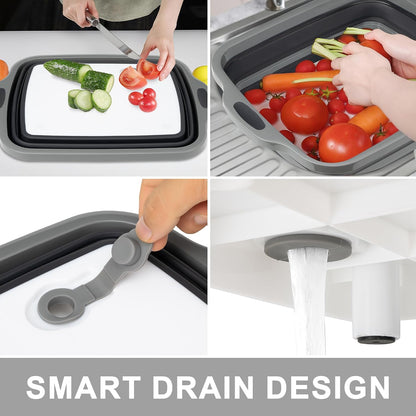 Collapsible Cutting Board with Container, Foldable Camping Sink with Colander, BBQ Prep Tub with Lid, Multifunction Dish Basin for Kitchen, Bowl, Vegetable and Fruit, 2.11 Gal/8L Storage Basket