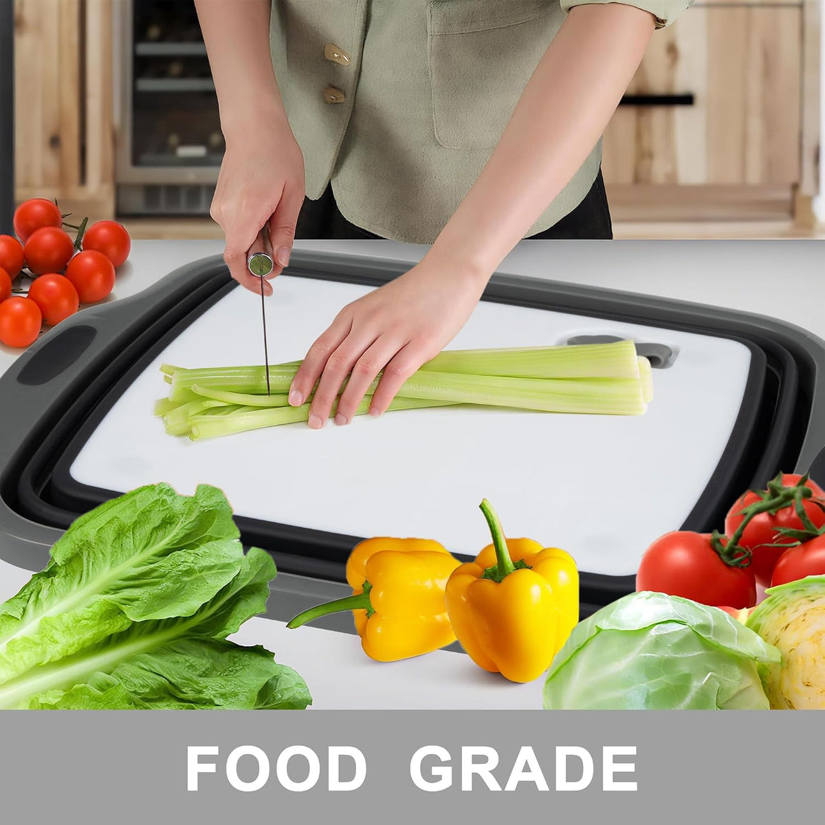 Collapsible Cutting Board with Container, Foldable Camping Sink with Colander, BBQ Prep Tub with Lid, Multifunction Dish Basin for Kitchen, Bowl, Vegetable and Fruit, 2.11 Gal/8L Storage Basket