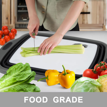 Collapsible Cutting Board with Container, Foldable Camping Sink with Colander, BBQ Prep Tub with Lid, Multifunction Dish Basin for Kitchen, Bowl, Vegetable and Fruit, 2.11 Gal/8L Storage Basket