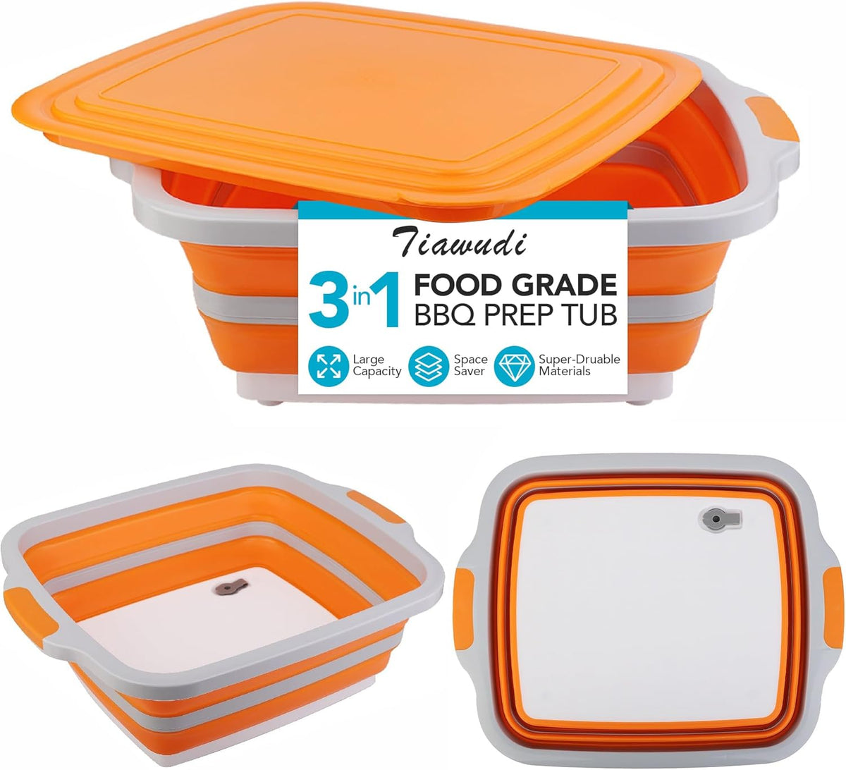 Collapsible Cutting Board with Container, Foldable Camping Sink with Colander, BBQ Prep Tub with Lid, Multifunction Dish Basin for Kitchen, Bowl, Vegetable and Fruit, 2.11 Gal/8L Storage Basket