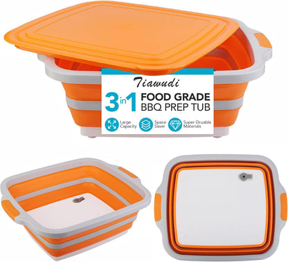 Collapsible Cutting Board with Container, Foldable Camping Sink with Colander, BBQ Prep Tub with Lid, Multifunction Dish Basin for Kitchen, Bowl, Vegetable and Fruit, 2.11 Gal/8L Storage Basket
