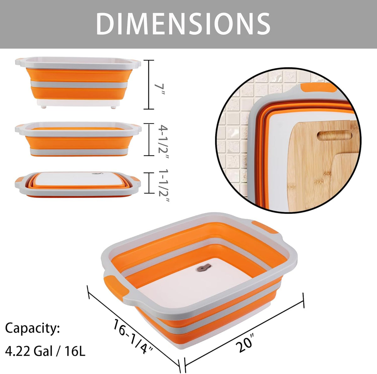 Collapsible Cutting Board with Container, Foldable Camping Sink with Colander, BBQ Prep Tub with Lid, Multifunction Dish Basin for Kitchen, Bowl, Vegetable and Fruit, 2.11 Gal/8L Storage Basket