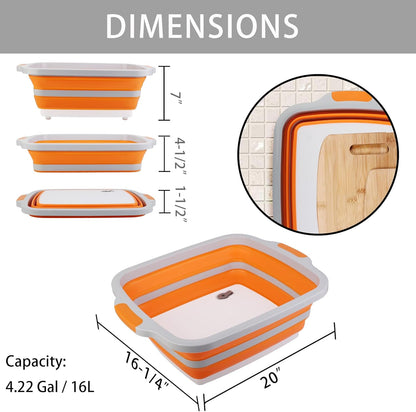 Collapsible Cutting Board with Container, Foldable Camping Sink with Colander, BBQ Prep Tub with Lid, Multifunction Dish Basin for Kitchen, Bowl, Vegetable and Fruit, 2.11 Gal/8L Storage Basket