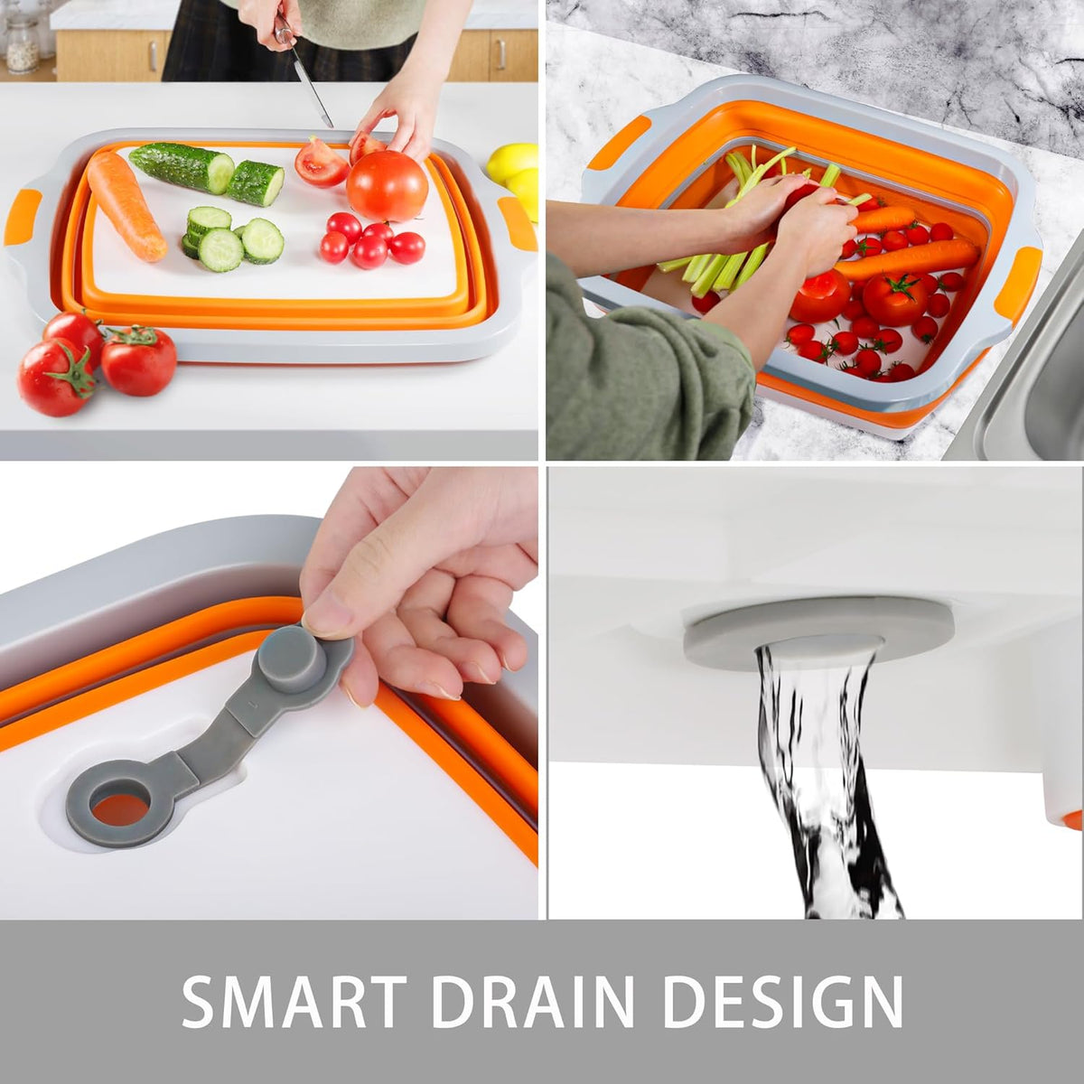 Collapsible Cutting Board with Container, Foldable Camping Sink with Colander, BBQ Prep Tub with Lid, Multifunction Dish Basin for Kitchen, Bowl, Vegetable and Fruit, 2.11 Gal/8L Storage Basket