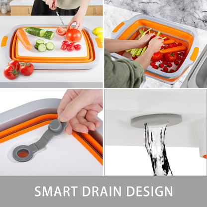 Collapsible Cutting Board with Container, Foldable Camping Sink with Colander, BBQ Prep Tub with Lid, Multifunction Dish Basin for Kitchen, Bowl, Vegetable and Fruit, 2.11 Gal/8L Storage Basket