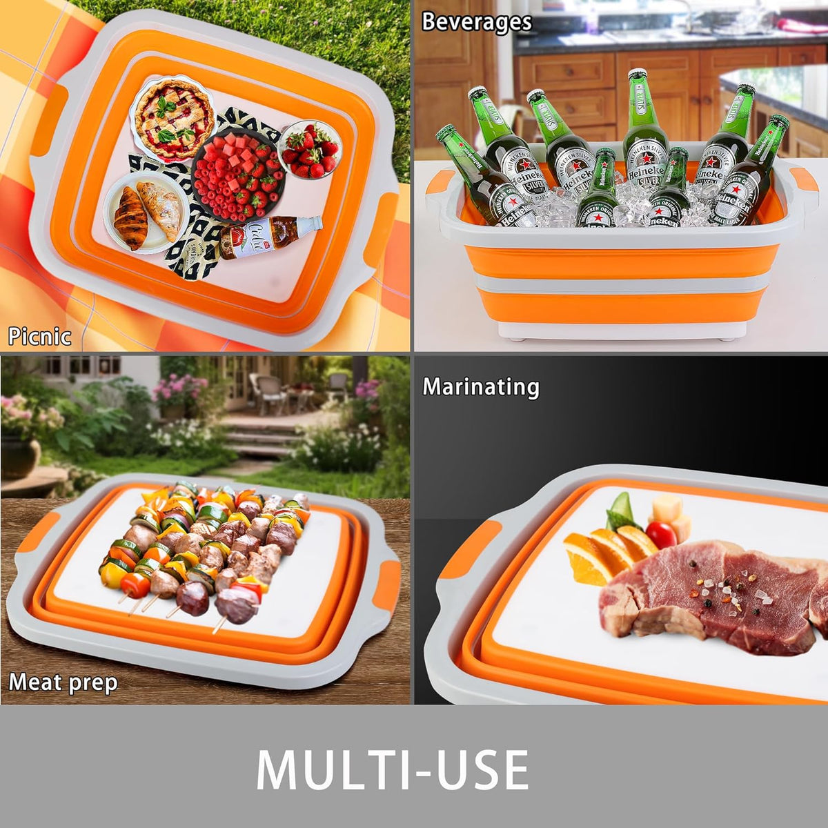 Collapsible Cutting Board with Container, Foldable Camping Sink with Colander, BBQ Prep Tub with Lid, Multifunction Dish Basin for Kitchen, Bowl, Vegetable and Fruit, 2.11 Gal/8L Storage Basket