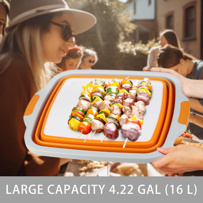 Collapsible Cutting Board with Container, Foldable Camping Sink with Colander, BBQ Prep Tub with Lid, Multifunction Dish Basin for Kitchen, Bowl, Vegetable and Fruit, 2.11 Gal/8L Storage Basket