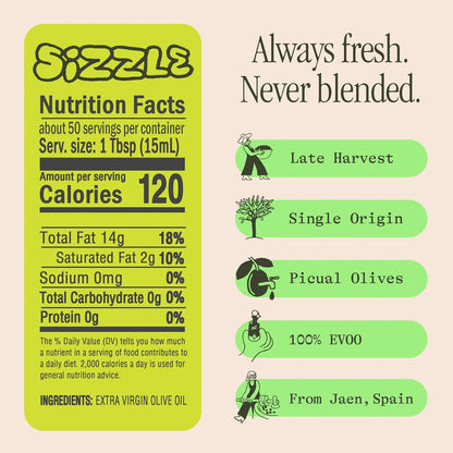 Sizzle Extra Virgin Olive Oil Spray, Cooking Oil, 5 Fl Oz | High Polyphenol Peak Harvest EVOO Cooking Oil in a Spray Bottle - Single Origin Olive Oils from Spain