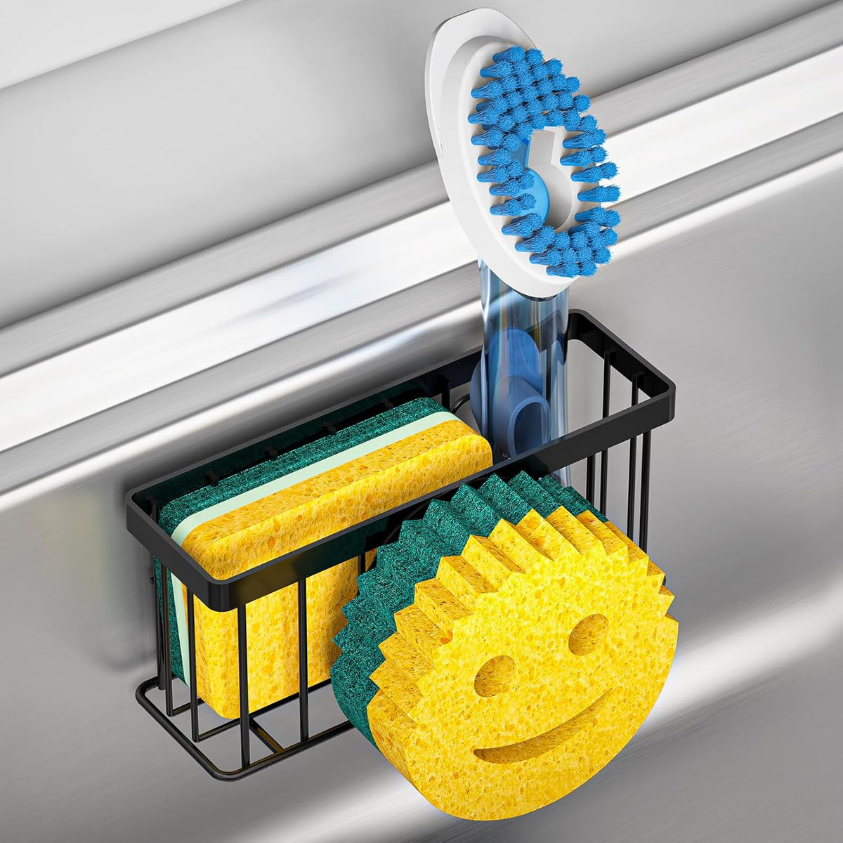 Sponge Holder Smiley Face, Sink Organizer with 2 Suction Cups/1 Adhesive Strips, Designed for Sponge, Soap, Dish Brush, Scrubber - Black