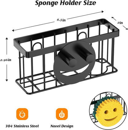 Sponge Holder Smiley Face, Sink Organizer with 2 Suction Cups/1 Adhesive Strips, Designed for Sponge, Soap, Dish Brush, Scrubber - Black