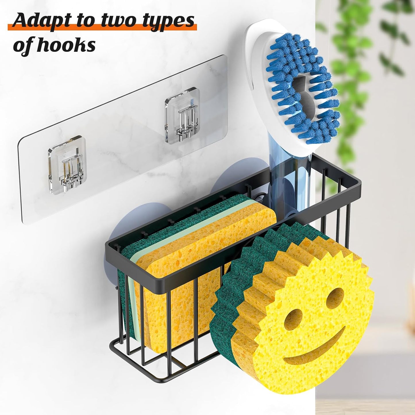 Sponge Holder Smiley Face, Sink Organizer with 2 Suction Cups/1 Adhesive Strips, Designed for Sponge, Soap, Dish Brush, Scrubber - Black
