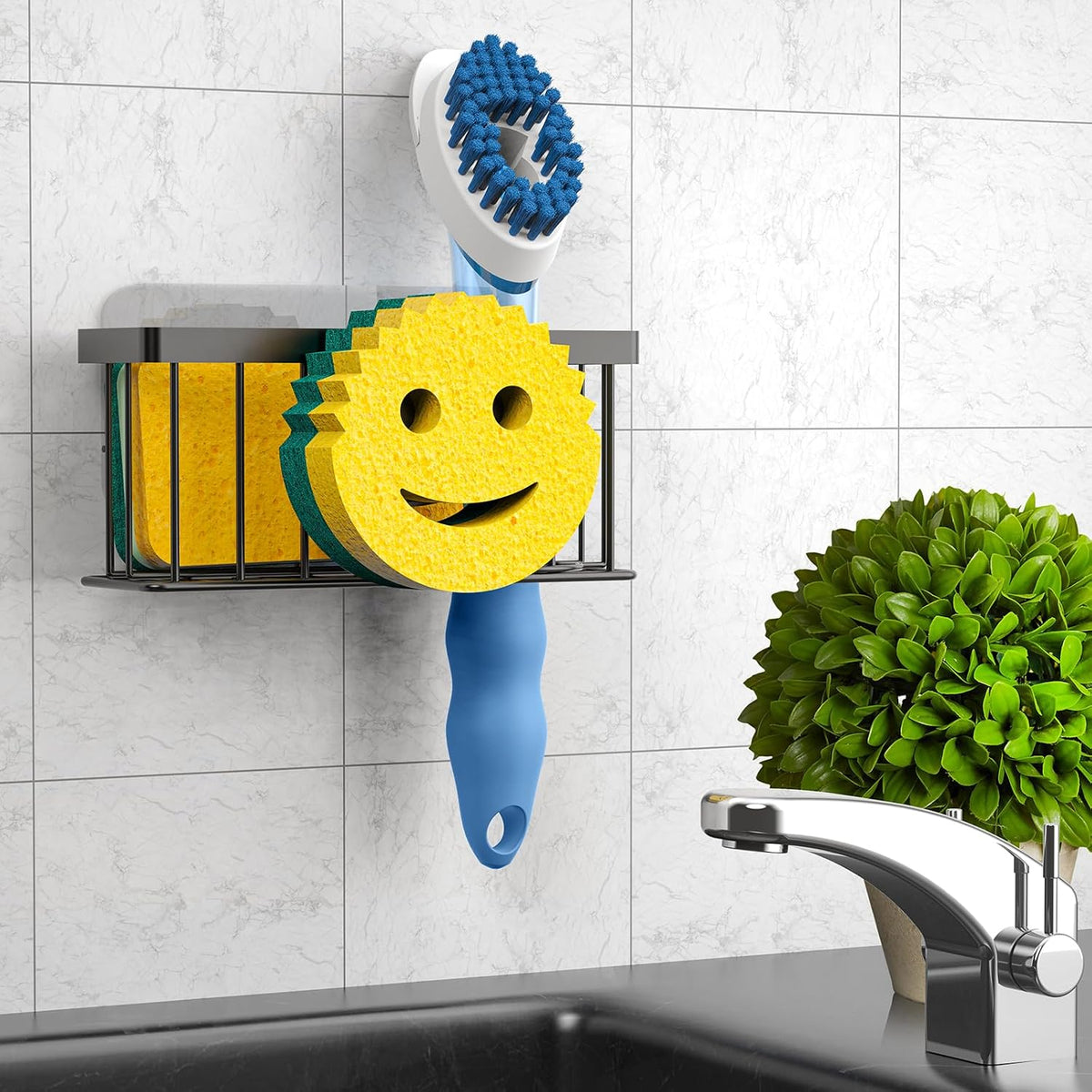 Sponge Holder Smiley Face, Sink Organizer with 2 Suction Cups/1 Adhesive Strips, Designed for Sponge, Soap, Dish Brush, Scrubber - Black