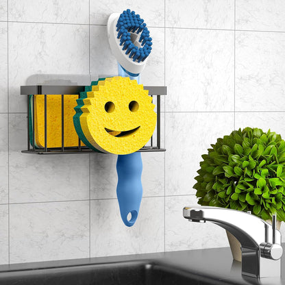 Sponge Holder Smiley Face, Sink Organizer with 2 Suction Cups/1 Adhesive Strips, Designed for Sponge, Soap, Dish Brush, Scrubber - Black