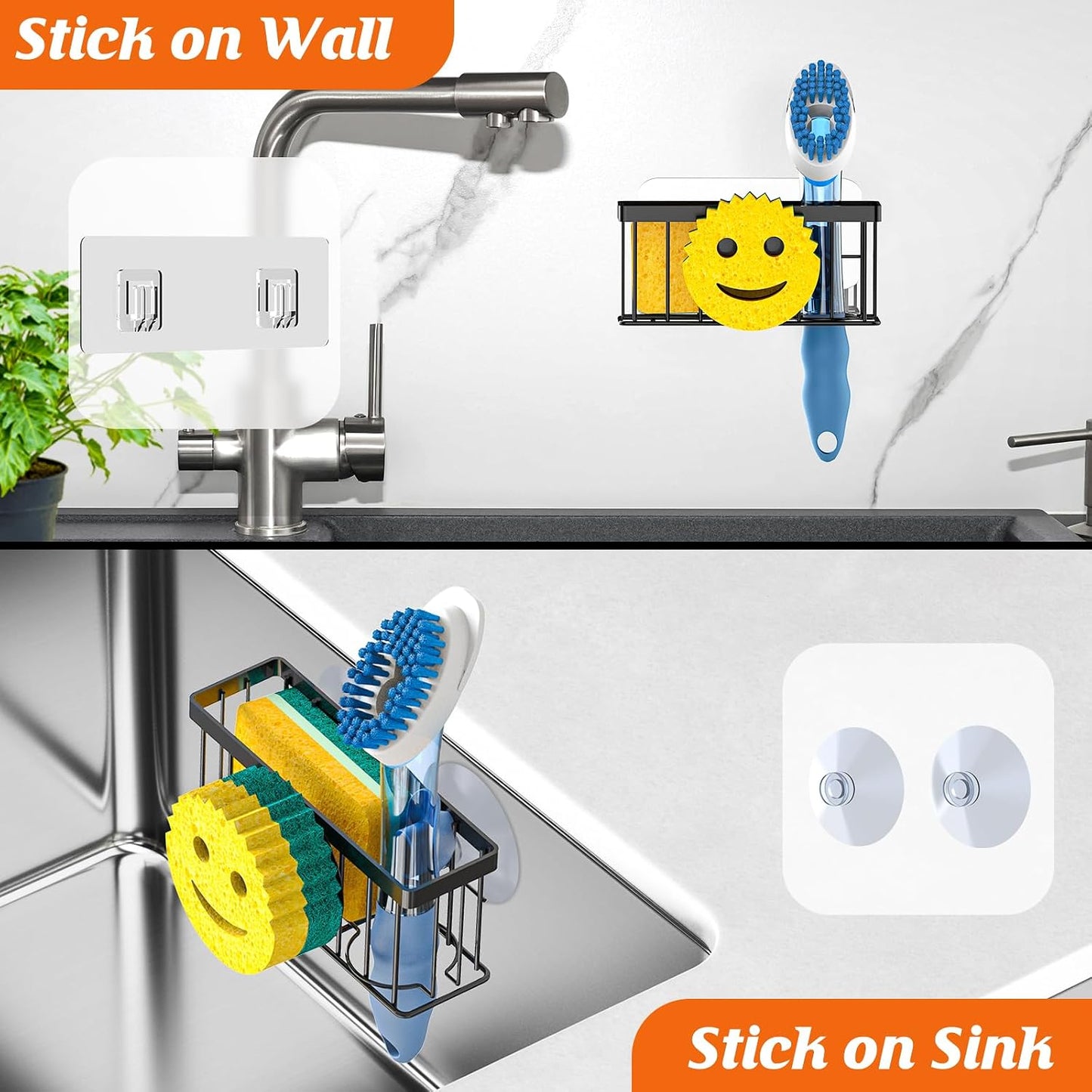 Sponge Holder Smiley Face, Sink Organizer with 2 Suction Cups/1 Adhesive Strips, Designed for Sponge, Soap, Dish Brush, Scrubber - Black