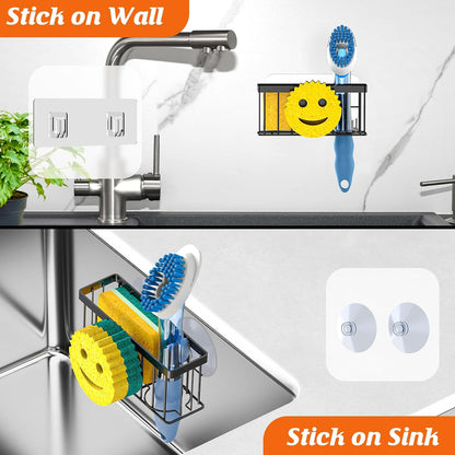 Sponge Holder Smiley Face, Sink Organizer with 2 Suction Cups/1 Adhesive Strips, Designed for Sponge, Soap, Dish Brush, Scrubber - Black