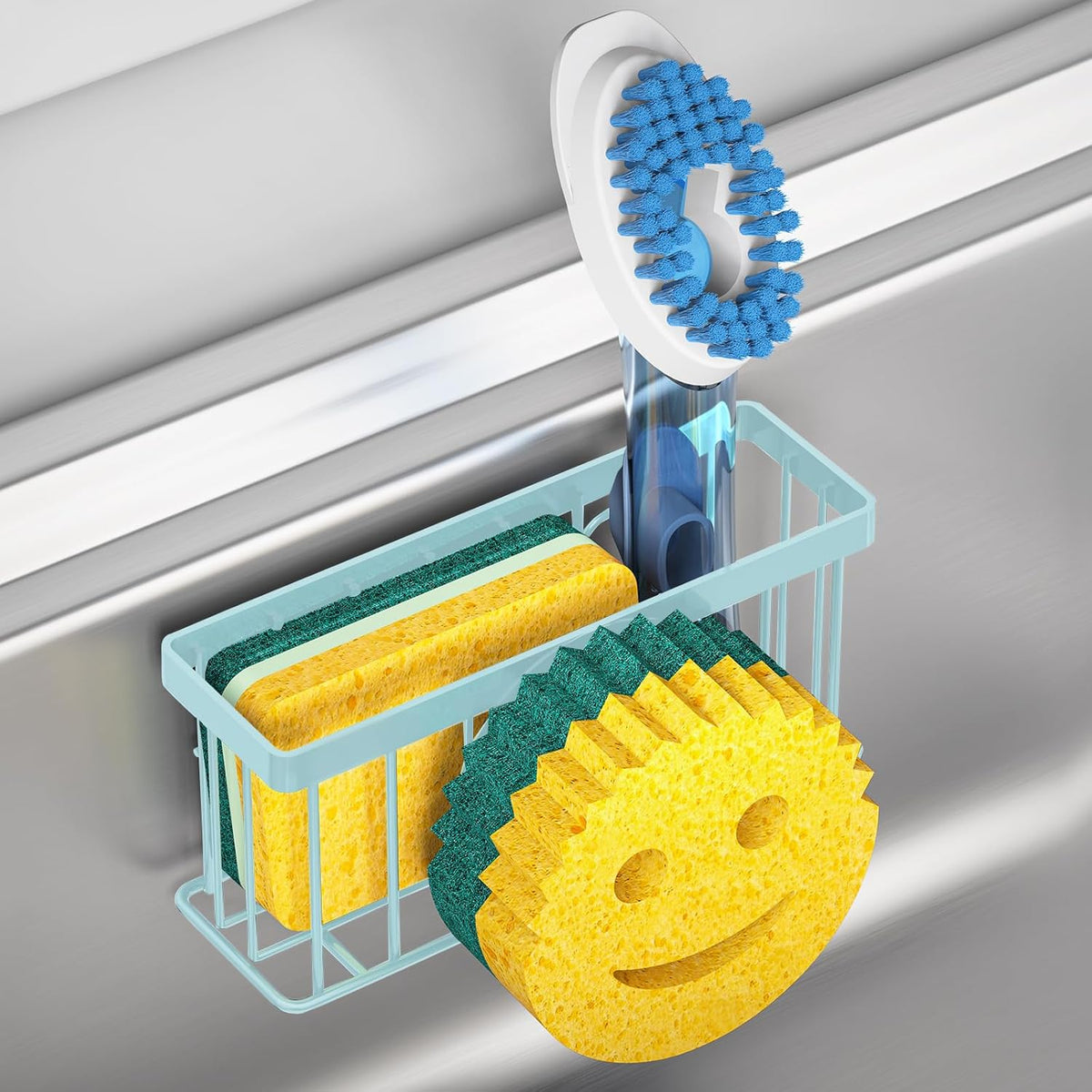 Sponge Holder Smiley Face, Sink Organizer with 2 Suction Cups/1 Adhesive Strips, Designed for Sponge, Soap, Dish Brush, Scrubber - Black