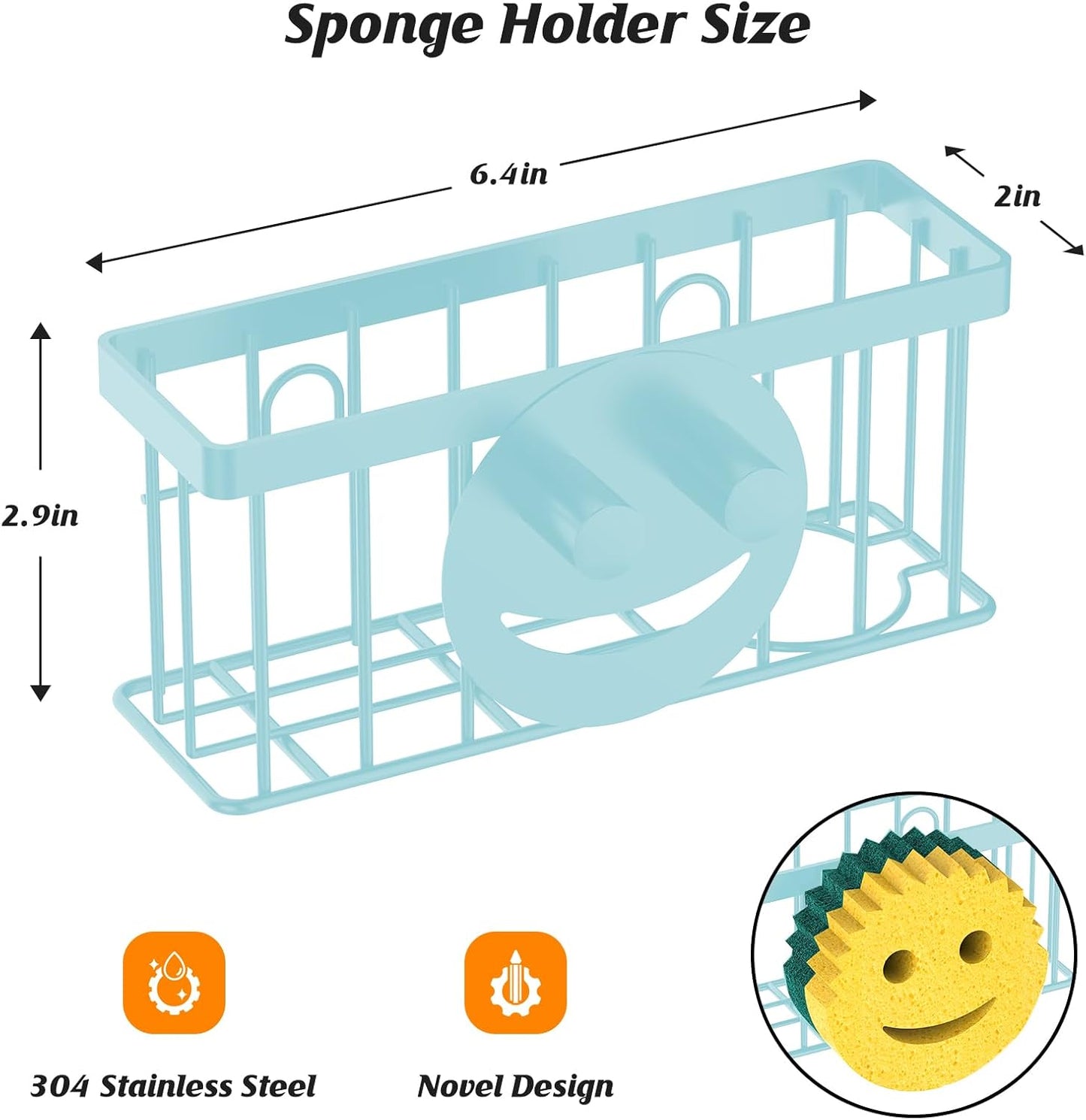Sponge Holder Smiley Face, Sink Organizer with 2 Suction Cups/1 Adhesive Strips, Designed for Sponge, Soap, Dish Brush, Scrubber - Black