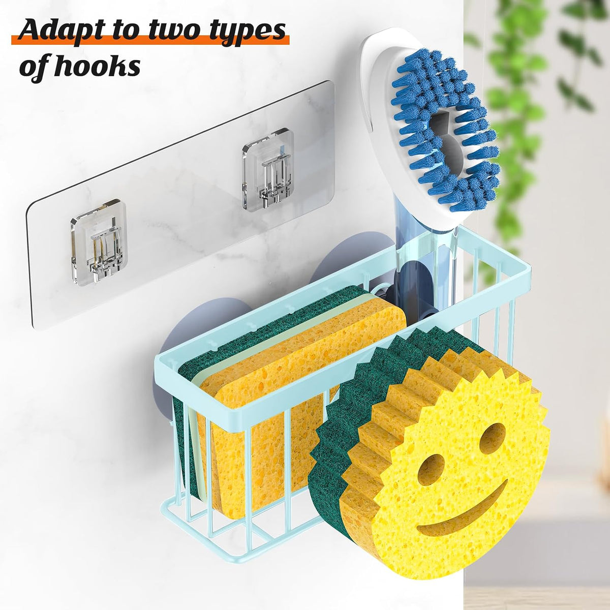 Sponge Holder Smiley Face, Sink Organizer with 2 Suction Cups/1 Adhesive Strips, Designed for Sponge, Soap, Dish Brush, Scrubber - Black
