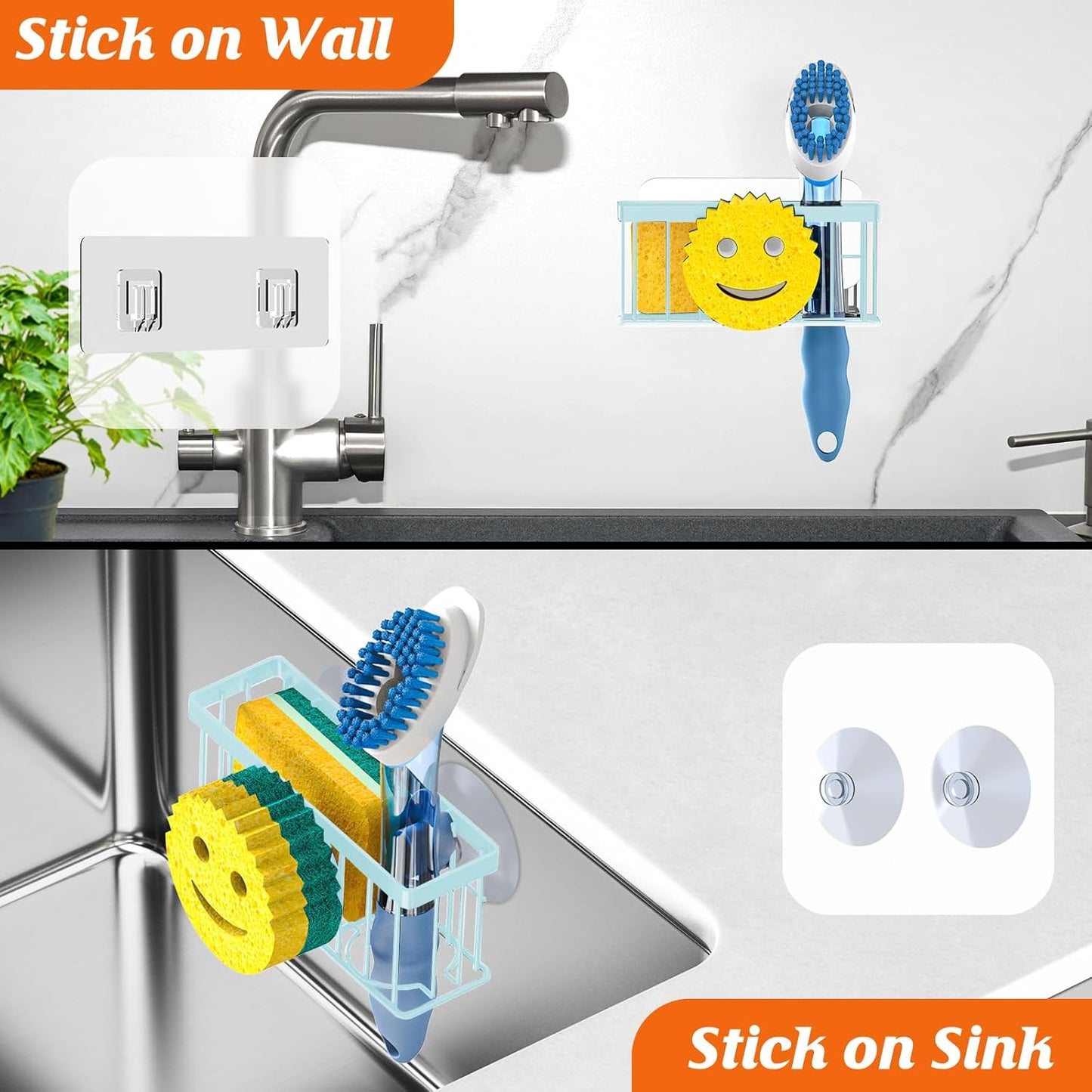 Sponge Holder Smiley Face, Sink Organizer with 2 Suction Cups/1 Adhesive Strips, Designed for Sponge, Soap, Dish Brush, Scrubber - Black